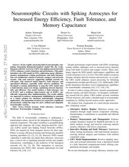 Neuromorphic Circuits with Spiking Astrocytes for Increased Energy Efficiency, Fault Tolerance, and Memory Capacitance
