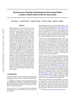 Decision-aware training of spatiotemporal forecasting models to select a top K subset of sites for intervention