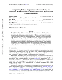 Sample Complexity of Nonparametric Closeness Testing for Continuous Distributions and Its Application to Causal Discovery with Hidden Confounding