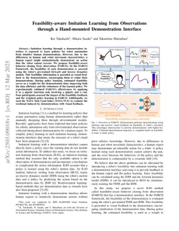 Feasibility-aware Imitation Learning from Observations through a Hand-mounted Demonstration Interface