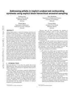 Addressing pitfalls in implicit unobserved confounding synthesis using explicit block hierarchical ancestral sampling