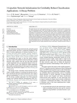 1-Lipschitz Network Initialization for Certifiably Robust Classification Applications: A Decay Problem