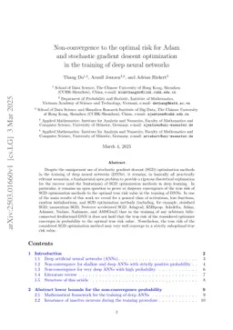 Non-convergence to the optimal risk for Adam and stochastic gradient descent optimization in the training of deep neural networks