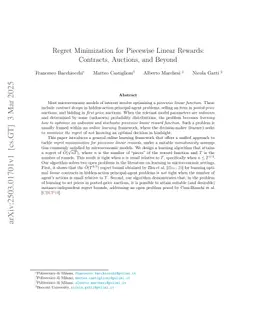 Regret Minimization for Piecewise Linear Rewards: Contracts, Auctions, and Beyond