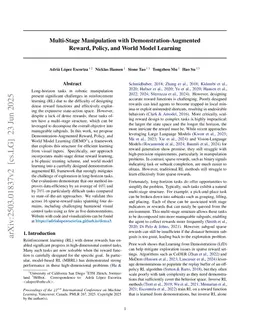 Multi-Stage Manipulation with Demonstration-Augmented Reward, Policy, and World Model Learning