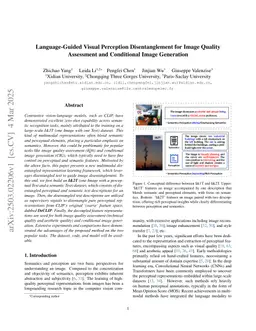 Language-Guided Visual Perception Disentanglement for Image Quality Assessment and Conditional Image Generation