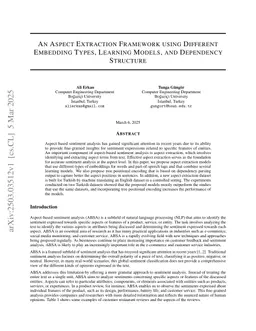 An Aspect Extraction Framework using Different Embedding Types, Learning Models, and Dependency Structure
