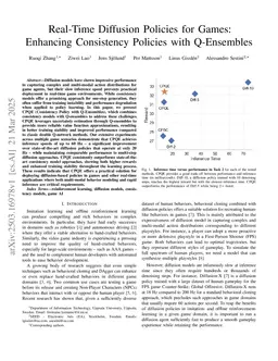 Real-Time Diffusion Policies for Games: Enhancing Consistency Policies with Q-Ensembles