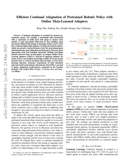 Efficient Continual Adaptation of Pretrained Robotic Policy with Online Meta-Learned Adapters