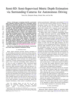 Semi-SMD: Semi-Supervised Metric Depth Estimation via Surrounding Cameras for Autonomous Driving