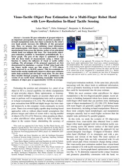 Visuo-Tactile Object Pose Estimation for a Multi-Finger Robot Hand with Low-Resolution In-Hand Tactile Sensing