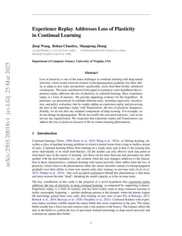 Experience Replay Addresses Loss of Plasticity in Continual Learning