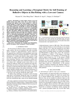 Reasoning and Learning a Perceptual Metric for Self-Training of Reflective Objects in Bin-Picking with a Low-cost Camera