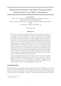 Information Theoretic One-Time Programs from Geometrically Local $\text{QNC}_0$ Adversaries