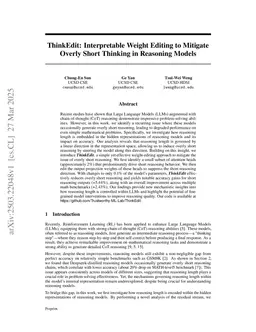 ThinkEdit: Interpretable Weight Editing to Mitigate Overly Short Thinking in Reasoning Models