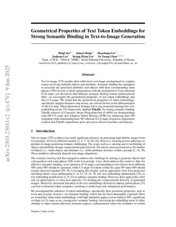 Geometrical Properties of Text Token Embeddings for Strong Semantic Binding in Text-to-Image Generation