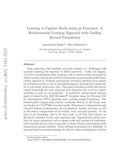 Learning to Capture Rocks using an Excavator: A Reinforcement Learning Approach with Guiding Reward Formulation