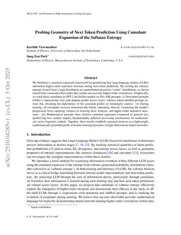 Probing Geometry of Next Token Prediction Using Cumulant Expansion of the Softmax Entropy
