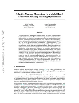 Adaptive Memory Momentum via a Model-Based Framework for Deep Learning Optimization
