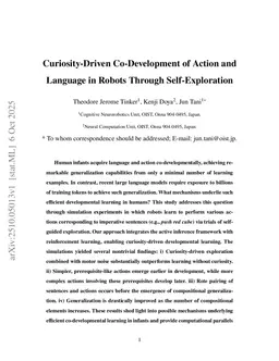 Curiosity-Driven Development of Action and Language in Robots Through Self-Exploration