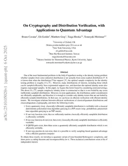 On Cryptography and Distribution Verification, with Applications to Quantum Advantage