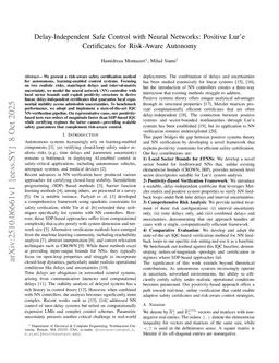 Delay Independent Safe Control with Neural Networks: Positive Luré Certificates for Risk Aware Autonomy