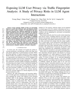 Exposing LLM User Privacy via Traffic Fingerprint Analysis: A Study of Privacy Risks in LLM Agent Interactions