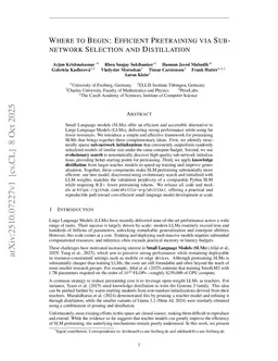 Where to Begin: Efficient Pretraining via Subnetwork Selection and Distillation