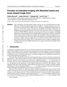 Provably Accelerated Imaging with Restarted Inertia and Score-based Image Priors