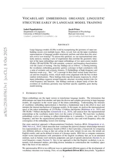Vocabulary embeddings organize linguistic structure early in language model training