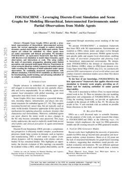 FOGMACHINE -- Leveraging Discrete-Event Simulation and Scene Graphs for Modeling Hierarchical, Interconnected Environments under Partial Observations from Mobile Agents