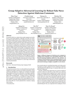 Group-Adaptive Adversarial Learning for Robust Fake News Detection Against Malicious Comments