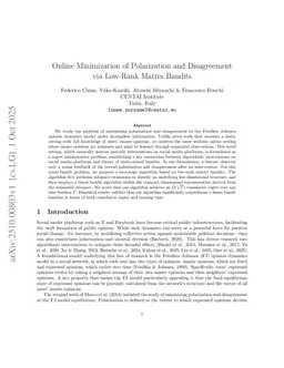 Online Minimization of Polarization and Disagreement via Low-Rank Matrix Bandits