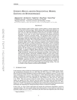 Energy-Regularized Sequential Model Editing on Hyperspheres