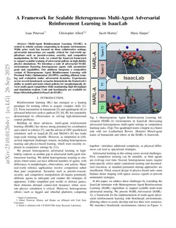 A Framework for Scalable Heterogeneous Multi-Agent Adversarial Reinforcement Learning in IsaacLab