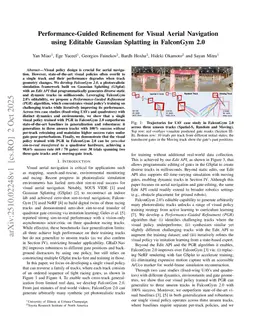 Performance-Guided Refinement for Visual Aerial Navigation using Editable Gaussian Splatting in FalconGym 2.0