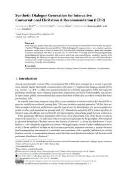 Synthetic Dialogue Generation for Interactive Conversational Elicitation & Recommendation (ICER)