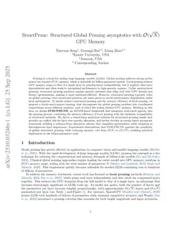 StructPrune: Structured Global Pruning asymptotics with $\mathcal{O}(\sqrt{N})$ GPU Memory