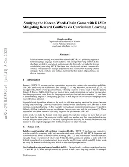 Studying the Korean Word-Chain Game with RLVR: Mitigating Reward Conflicts via Curriculum Learning