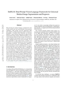 DuPLUS: Dual-Prompt Vision-Language Framework for Universal Medical Image Segmentation and Prognosis