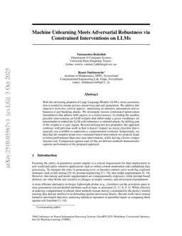 Machine Unlearning Meets Adversarial Robustness via Constrained Interventions on LLMs
