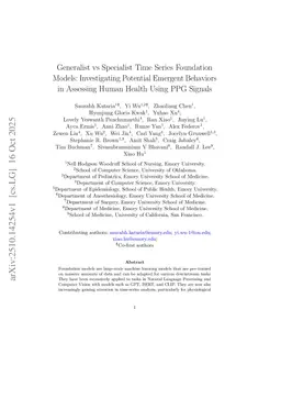 Generalist vs Specialist Time Series Foundation Models: Investigating Potential Emergent Behaviors in Assessing Human Health Using PPG Signals