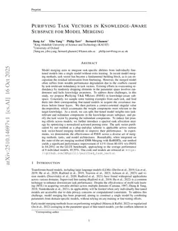 Purifying Task Vectors in Knowledge-Aware Subspace for Model Merging