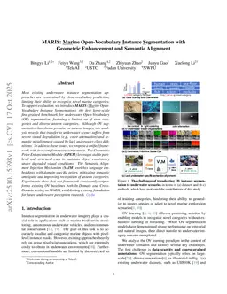 MARIS: Marine Open-Vocabulary Instance Segmentation with Geometric Enhancement and Semantic Alignment
