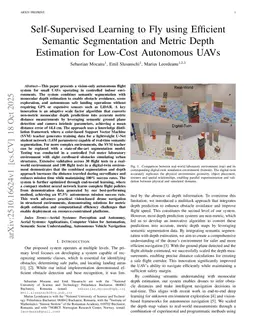 Self-Supervised Learning to Fly using Efficient Semantic Segmentation and Metric Depth Estimation for Low-Cost Autonomous UAVs