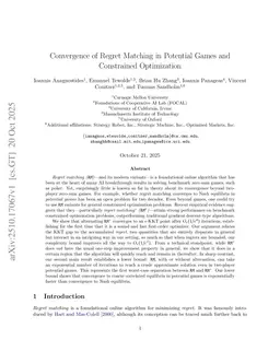 Convergence of Regret Matching in Potential Games and Constrained Optimization