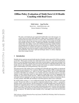 Offline Policy Evaluation of Multi-Turn LLM Health Coaching with Real Users