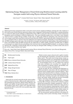 Optimizing Energy Management of Smart Grid using Reinforcement Learning aided by Surrogate models built using Physics-informed Neural Networks