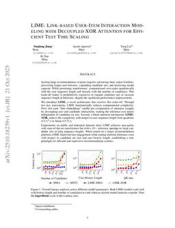 LIME: Link-based user-item Interaction Modeling with decoupled xor attention for Efficient test time scaling