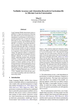 Verifiable Accuracy and Abstention Rewards in Curriculum RL to Alleviate Lost-in-Conversation